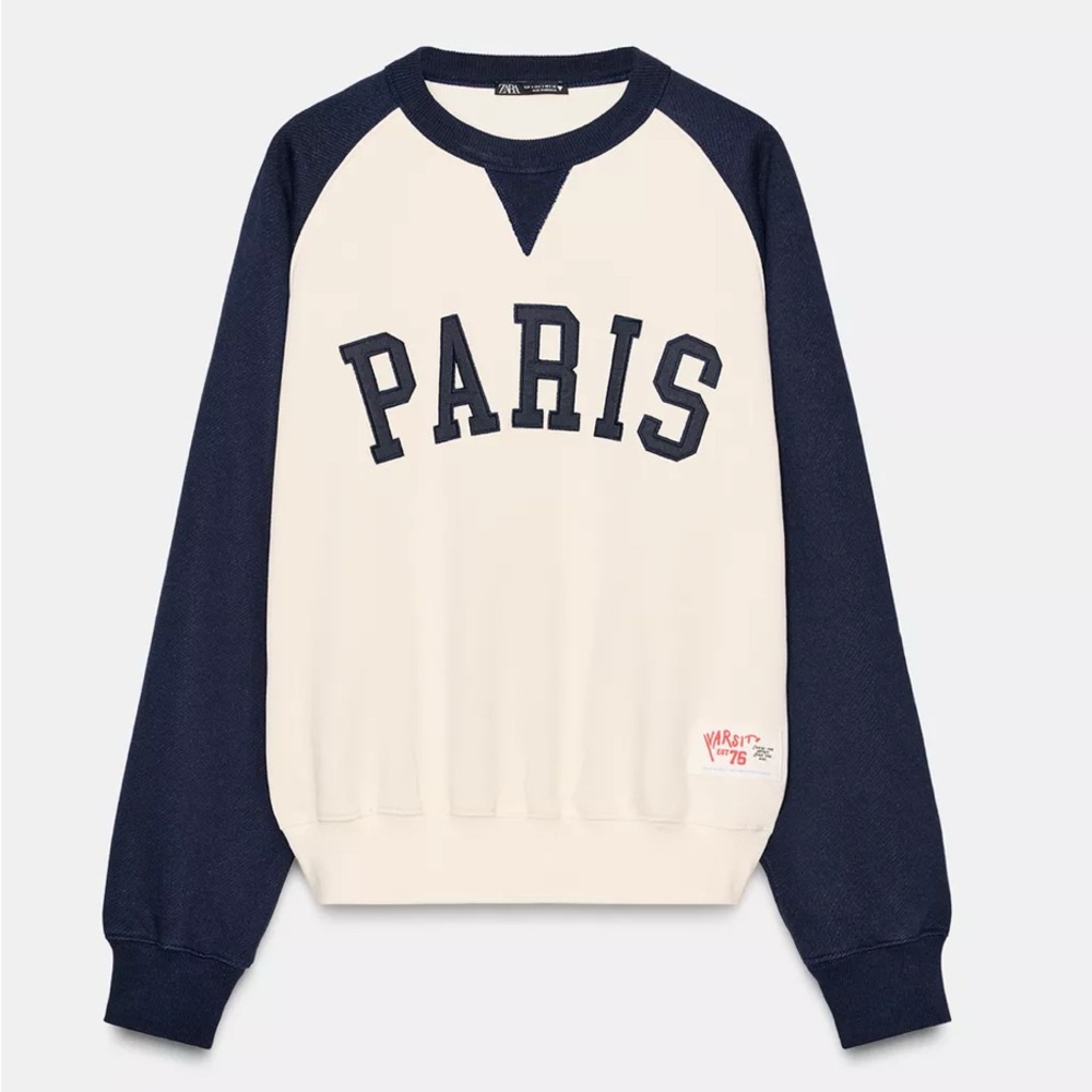 Zara Navy and Cream Women's Crewneck Sweater